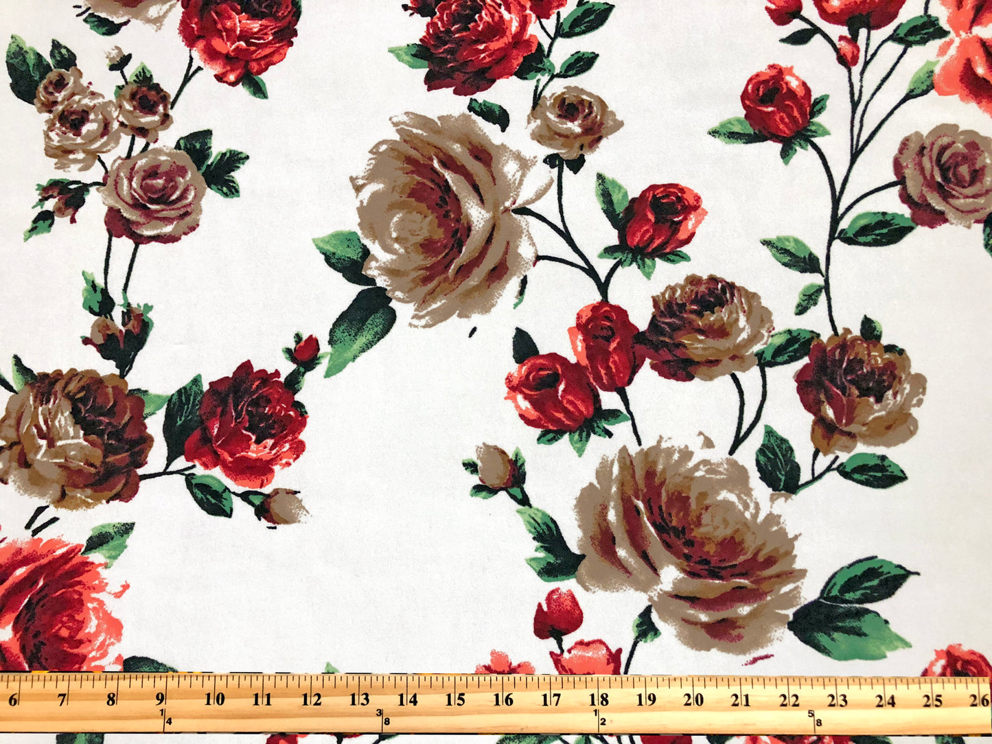Techno Crepe Knit — White Rose/Brick Red & Taupe Roses with Emerald Leaves, 4-Way Stretch, 240 GSM, 56" Wide, Wrinkle Resistant - By the Yard (TCRP0100)