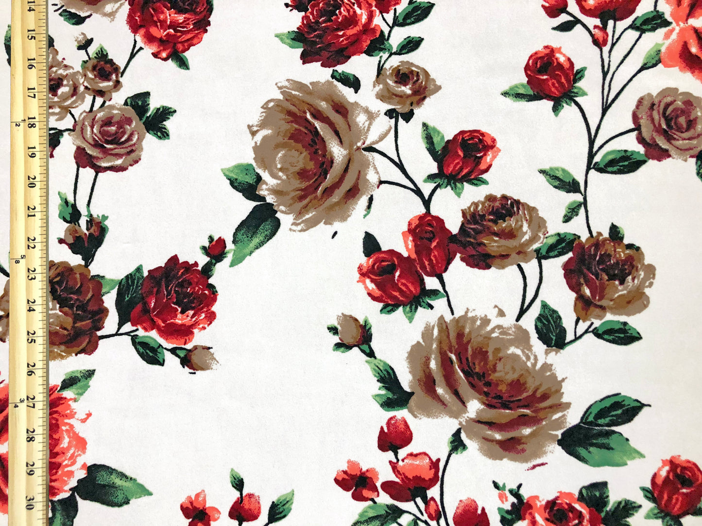 Techno Crepe Knit — White Rose/Brick Red & Taupe Roses with Emerald Leaves, 4-Way Stretch, 240 GSM, 56" Wide, Wrinkle Resistant - By the Yard (TCRP0100)