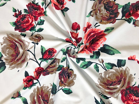 Techno Crepe Knit — White Rose/Brick Red & Taupe Roses with Emerald Leaves, 4-Way Stretch, 240 GSM, 56" Wide, Wrinkle Resistant - By the Yard (TCRP0100)