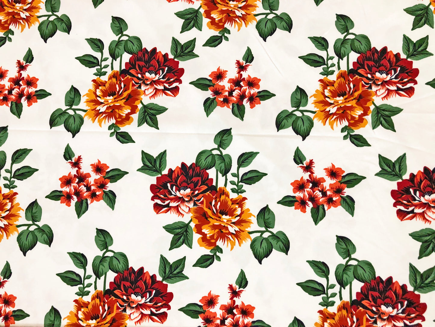 Techno Crepe Knit — White Floral/Scarlet & Marigold Bouquets with Emerald Leaves, 4-Way Stretch, 240 GSM, 56" Wide, Wrinkle Resistant - By the Yard (TCRP099)