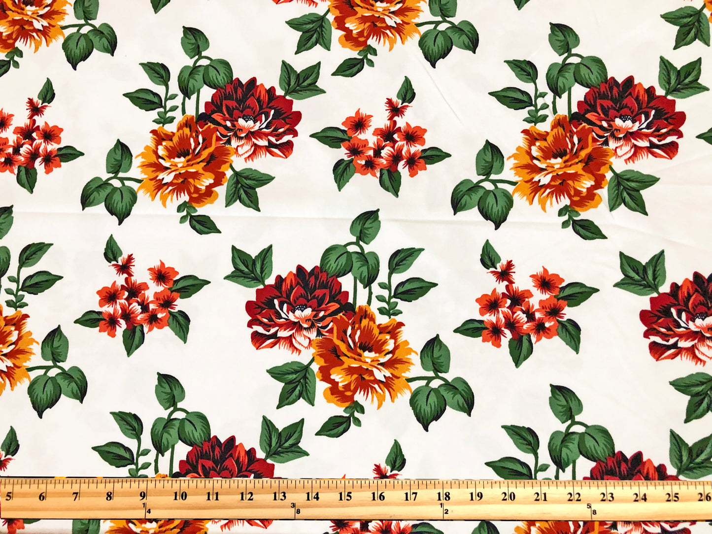 Techno Crepe Knit — White Floral/Scarlet & Marigold Bouquets with Emerald Leaves, 4-Way Stretch, 240 GSM, 56" Wide, Wrinkle Resistant - By the Yard (TCRP099)