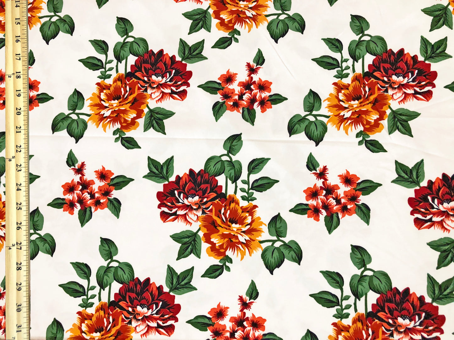 Techno Crepe Knit — White Floral/Scarlet & Marigold Bouquets with Emerald Leaves, 4-Way Stretch, 240 GSM, 56" Wide, Wrinkle Resistant - By the Yard (TCRP099)