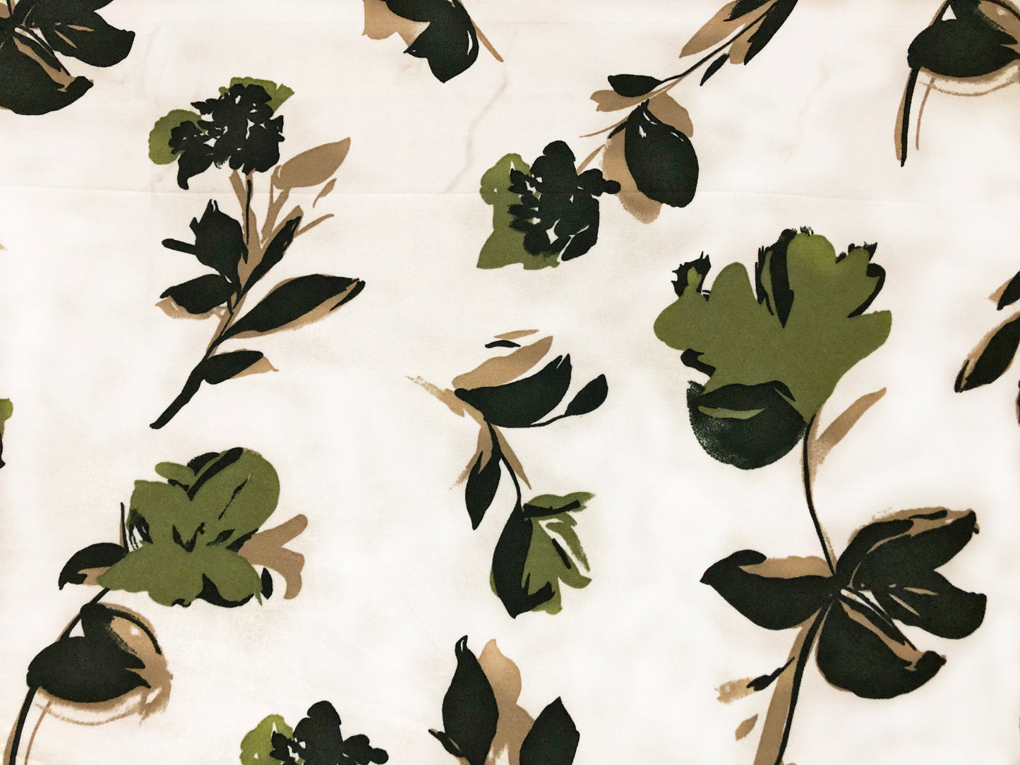 Techno Crepe Knit Fabric – Ivory with Olive & Black Brushstroke Florals, Taupe Accents – 4-Way Stretch, 56" Wide, 240 GSM, Silky Drape – Sold by the Yard (TCRP036)