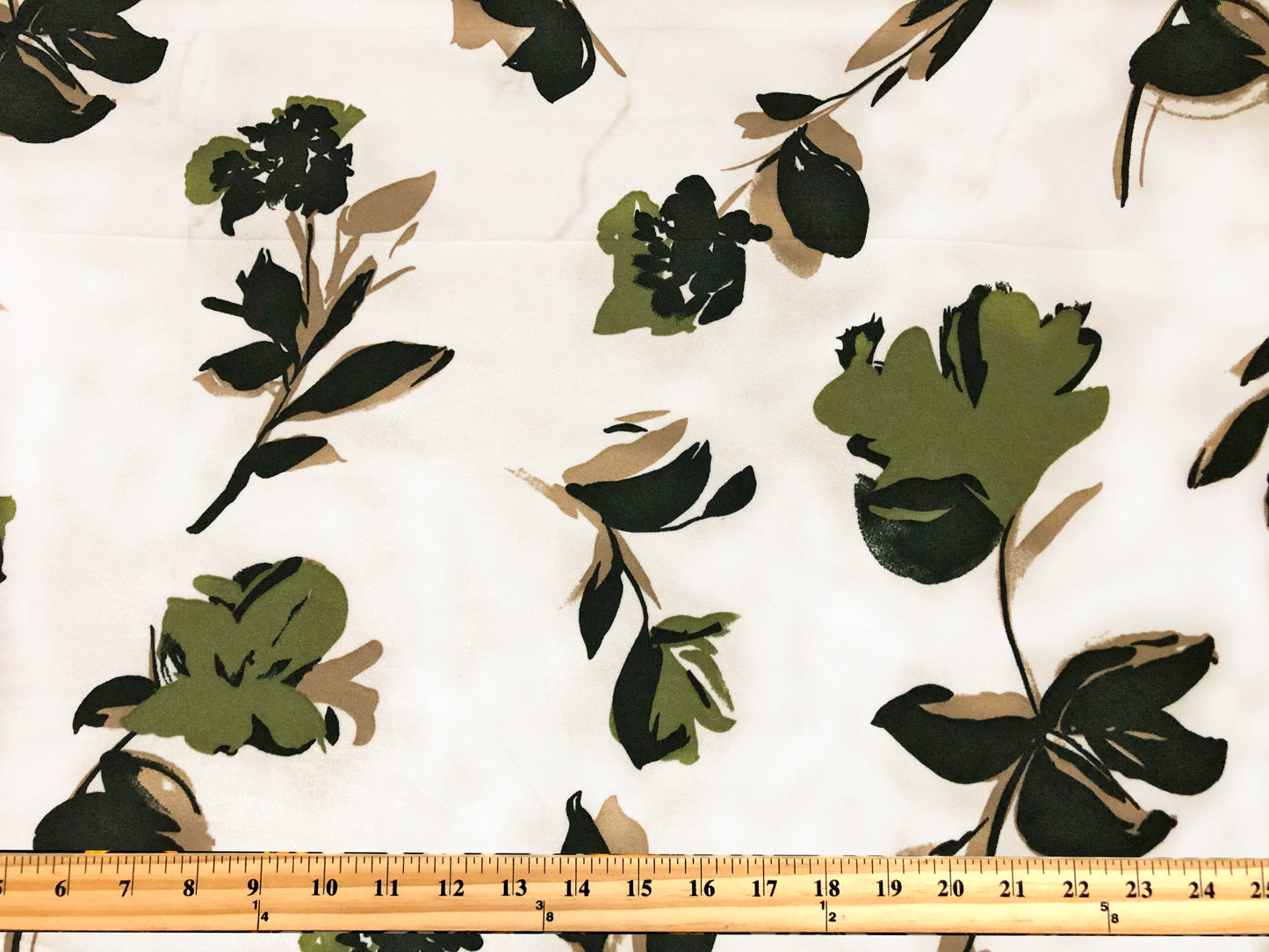 Techno Crepe Knit Fabric – Ivory with Olive & Black Brushstroke Florals, Taupe Accents – 4-Way Stretch, 56" Wide, 240 GSM, Silky Drape – Sold by the Yard (TCRP036)