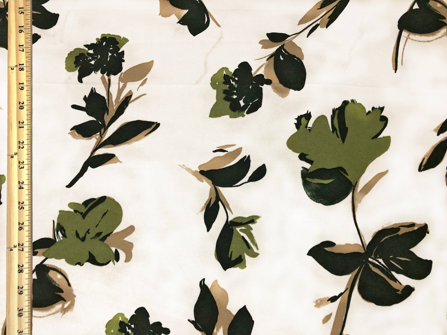 Techno Crepe Knit Fabric – Ivory with Olive & Black Brushstroke Florals, Taupe Accents – 4-Way Stretch, 56" Wide, 240 GSM, Silky Drape – Sold by the Yard (TCRP036)