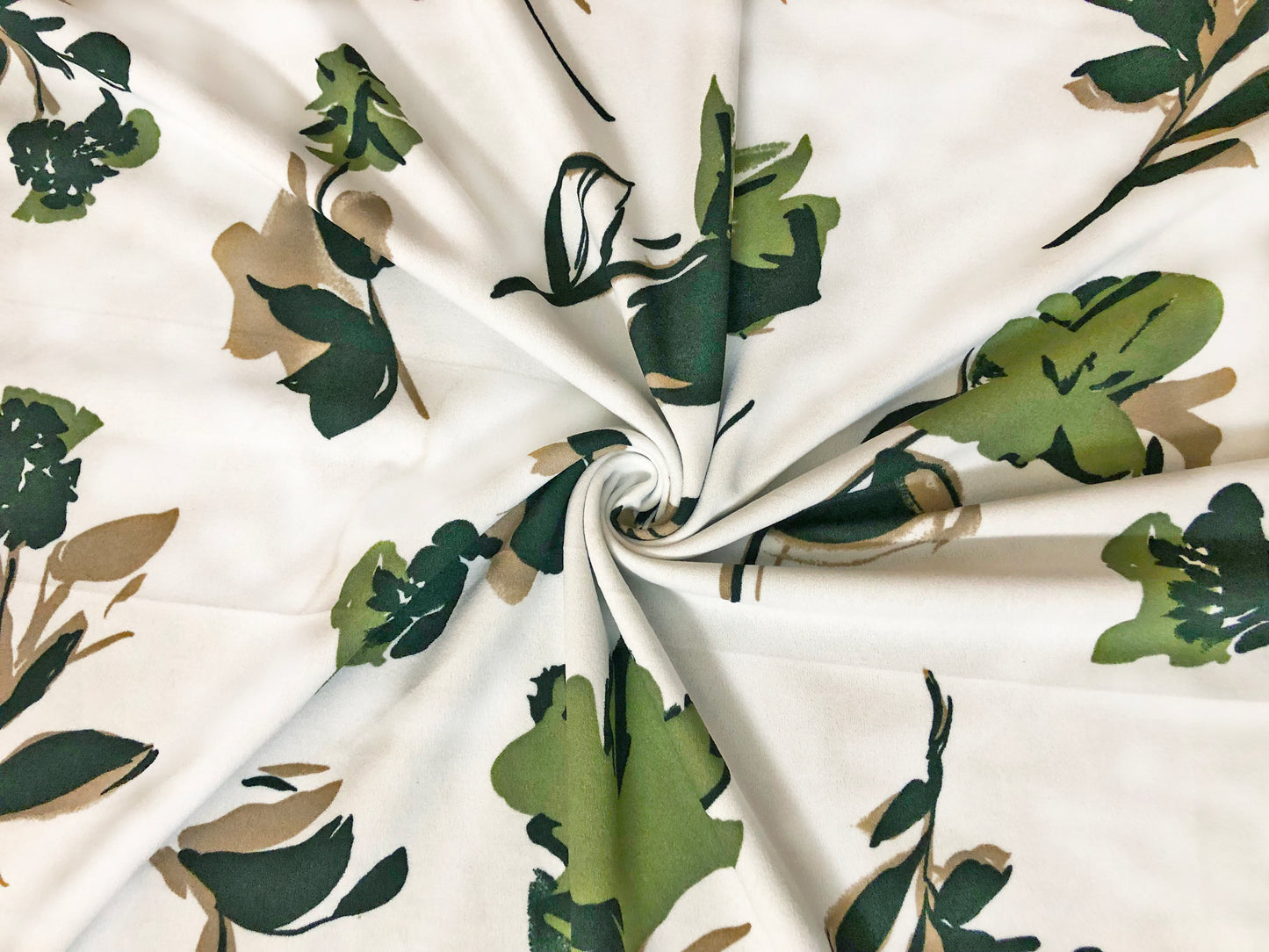 Techno Crepe Knit Fabric – Ivory with Olive & Black Brushstroke Florals, Taupe Accents – 4-Way Stretch, 56" Wide, 240 GSM, Silky Drape – Sold by the Yard (TCRP036)