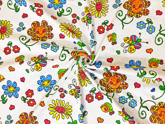 Sunshine Garden Cotton – White Ground, Multicolor Flowers & Butterflies | 100% Cotton, Non-Stretch, 52″ Wide – Sold by the Yard (CTJPR012)