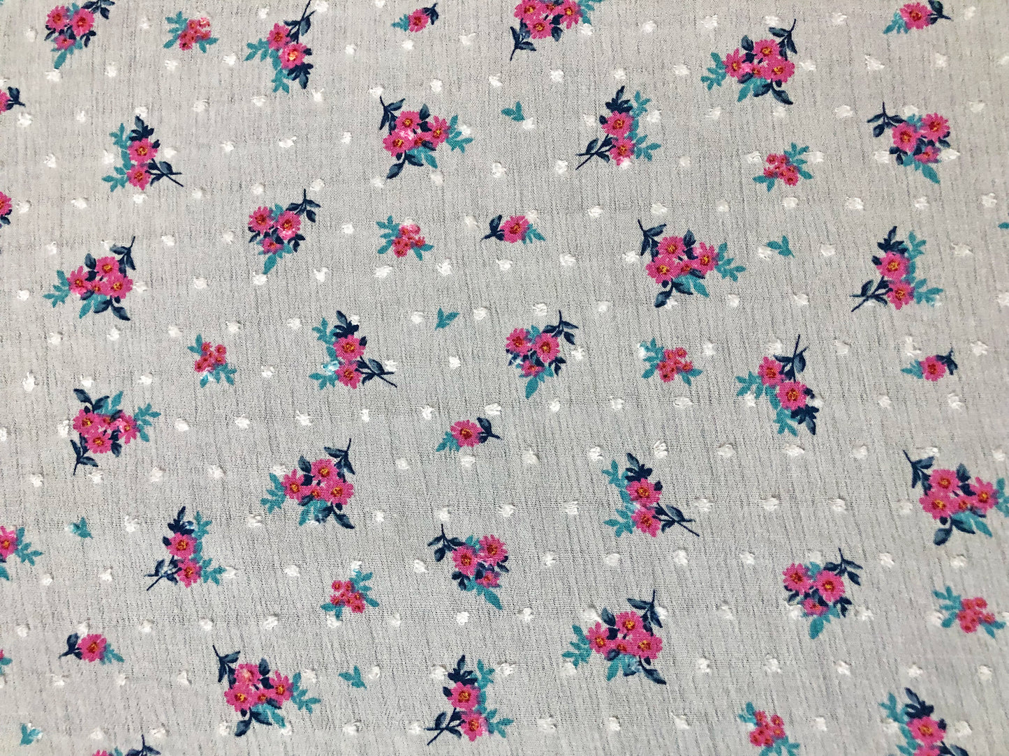 White Swiss Dot Rayon Gauze with Pink/Teal Ditsy Florals — 100% Rayon, 52″ Wide — Fabric by the Yard (RGzPR03)