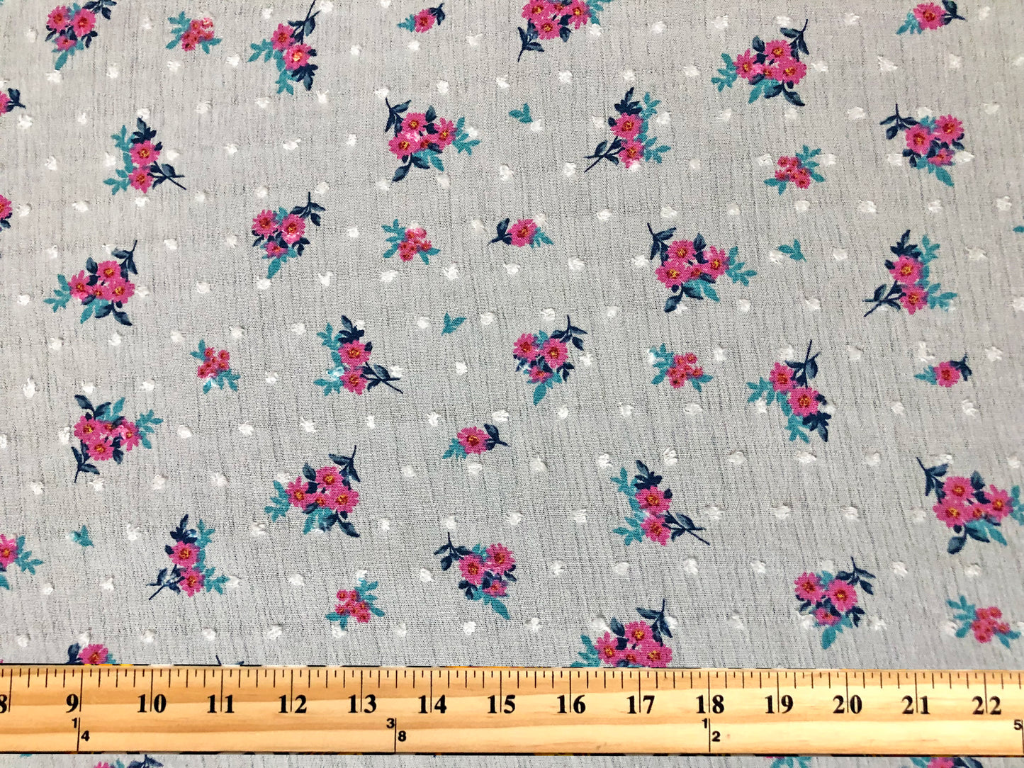 White Swiss Dot Rayon Gauze with Pink/Teal Ditsy Florals — 100% Rayon, 52″ Wide — Fabric by the Yard (RGzPR03)
