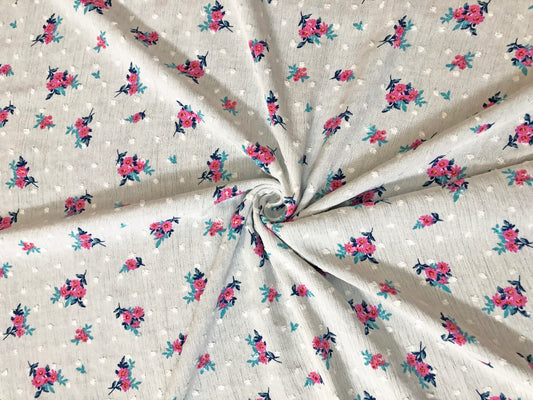 White Swiss Dot Rayon Gauze with Pink/Teal Ditsy Florals — 100% Rayon, 52″ Wide — Fabric by the Yard (RGzPR03)
