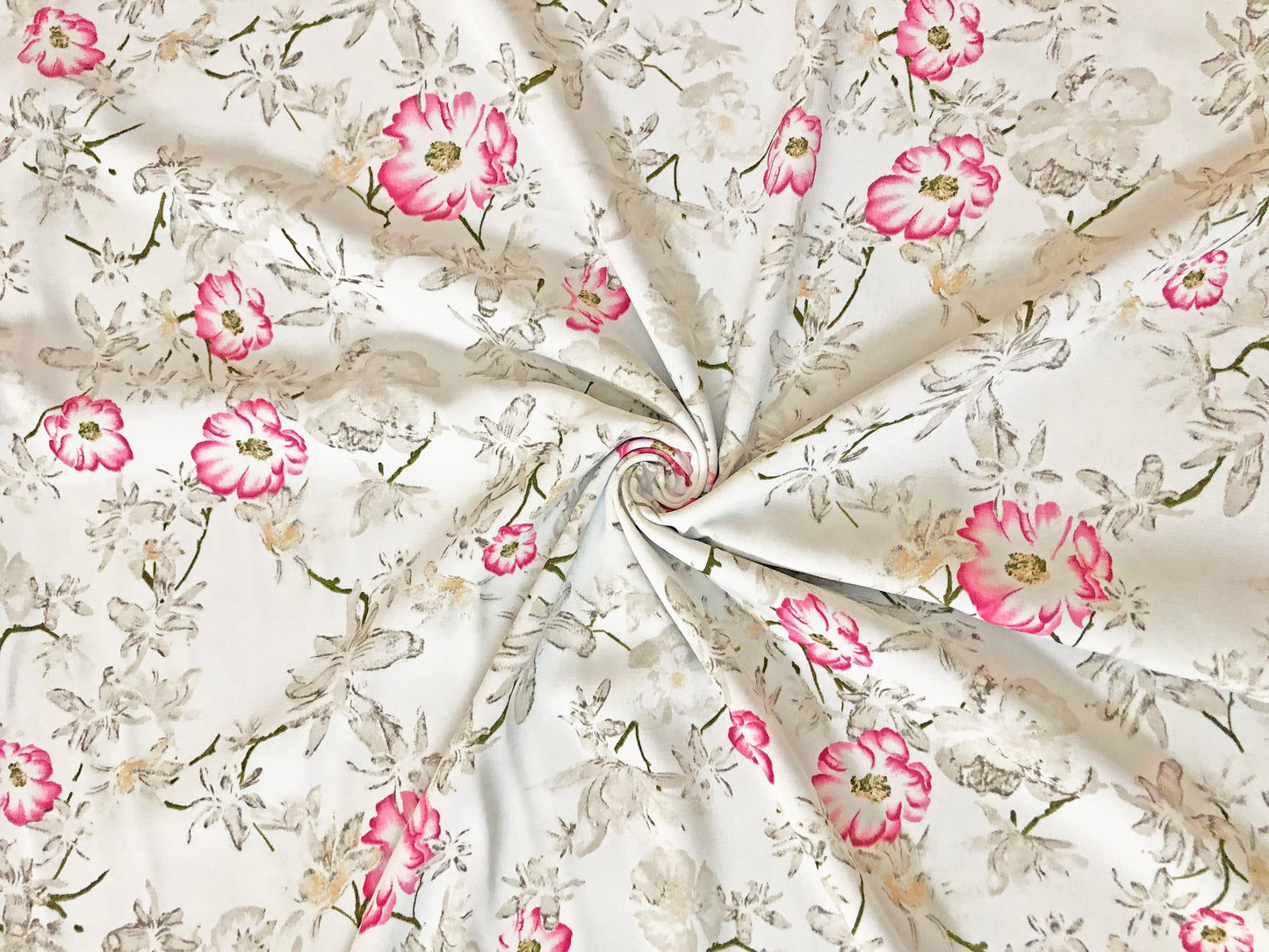 Ivory Floral w/ Pink Accents – Poly Dobby Georgette — Fluid Drape, Soft Matte Texture | 56″ Wide | 100% Polyester | By the Yard (WPPR02)