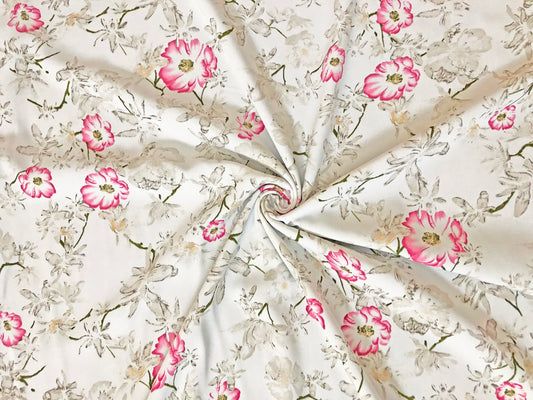 Ivory Floral w/ Pink Accents – Poly Dobby Georgette — Fluid Drape, Soft Matte Texture | 56″ Wide | 100% Polyester | By the Yard (WPPR02)