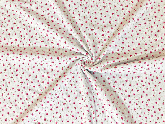 White Rayon Crinkle with Red Ditsy Florals & Olive Sprigs — 100% Rayon, 52″ Wide — Fabric by the Yard (RCKPR02)