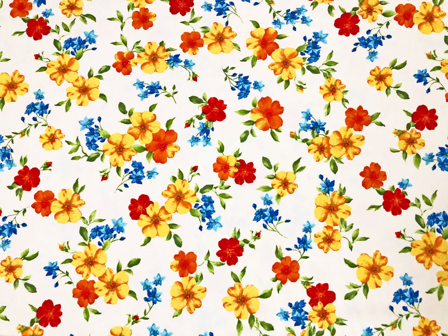 Techno Crepe Knit — White Floral/Sunflower Yellow/Tangerine & Cobalt Blossoms, 4-Way Stretch, 240 GSM, 56" Wide, Wrinkle Resistant - By the Yard (TCRP094)