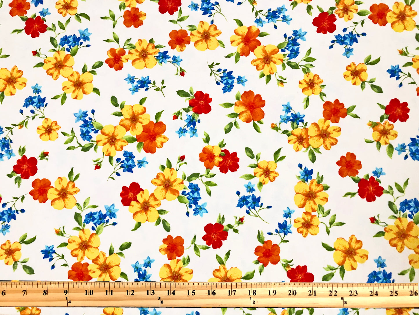 Techno Crepe Knit — White Floral/Sunflower Yellow/Tangerine & Cobalt Blossoms, 4-Way Stretch, 240 GSM, 56" Wide, Wrinkle Resistant - By the Yard (TCRP094)