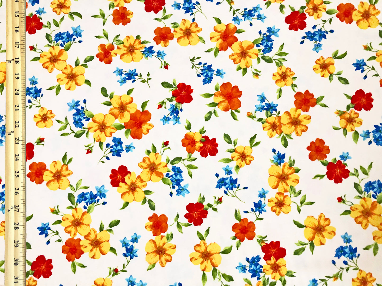 Techno Crepe Knit — White Floral/Sunflower Yellow/Tangerine & Cobalt Blossoms, 4-Way Stretch, 240 GSM, 56" Wide, Wrinkle Resistant - By the Yard (TCRP094)