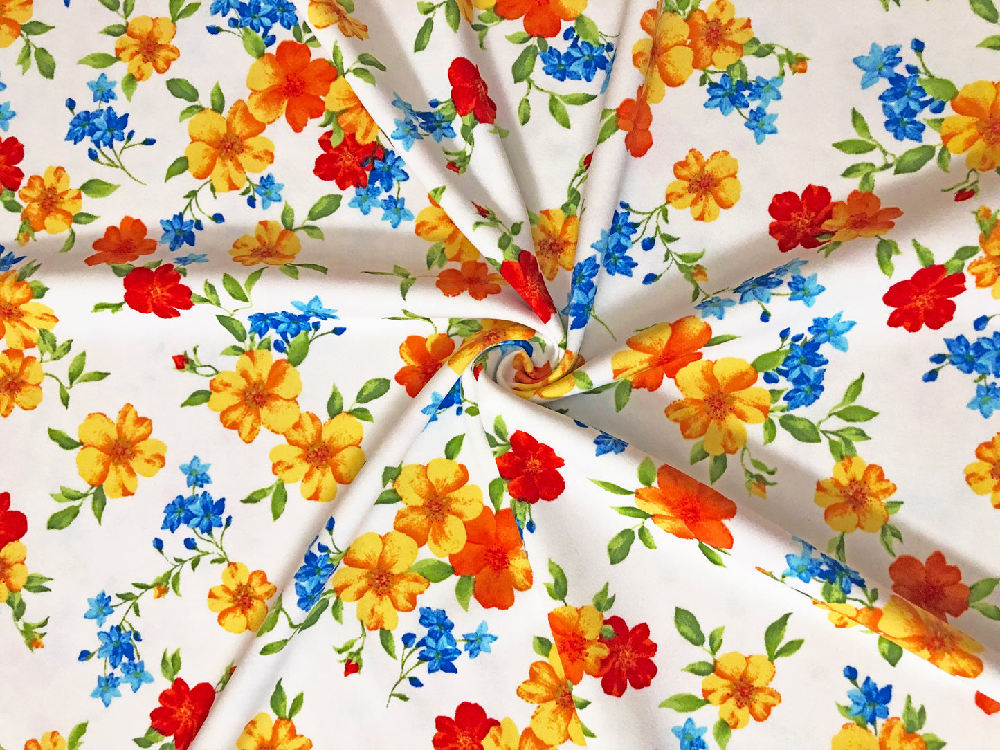 Techno Crepe Knit — White Floral/Sunflower Yellow/Tangerine & Cobalt Blossoms, 4-Way Stretch, 240 GSM, 56" Wide, Wrinkle Resistant - By the Yard (TCRP094)