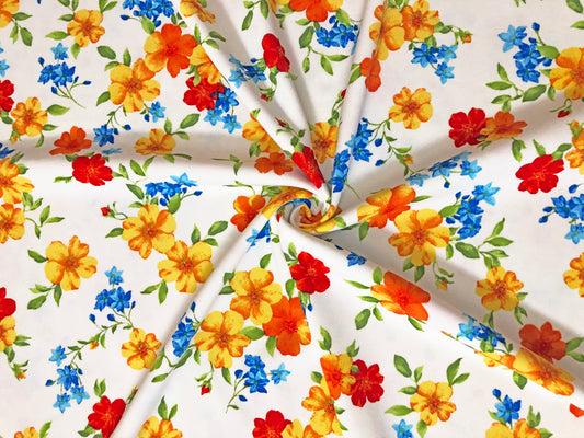 Techno Crepe Knit — White Floral/Sunflower Yellow/Tangerine & Cobalt Blossoms, 4-Way Stretch, 240 GSM, 56" Wide, Wrinkle Resistant - By the Yard (TCRP094)