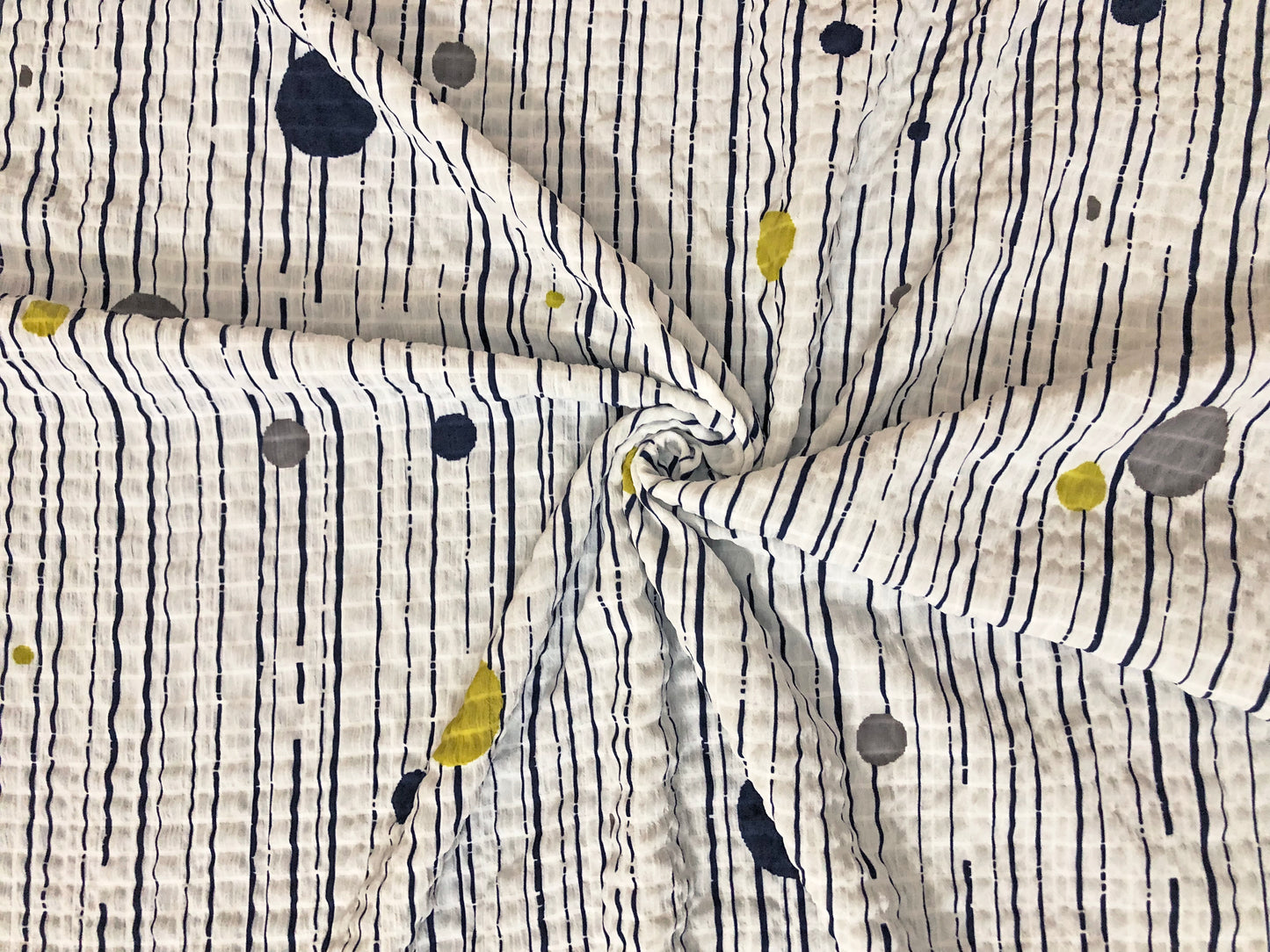 Printed Dobby Seersucker — Navy Stripe & Dot | Airy, Wrinkle-Masking Texture | 56″ Wide | 100% Polyester | By the Yard (CKPR01)