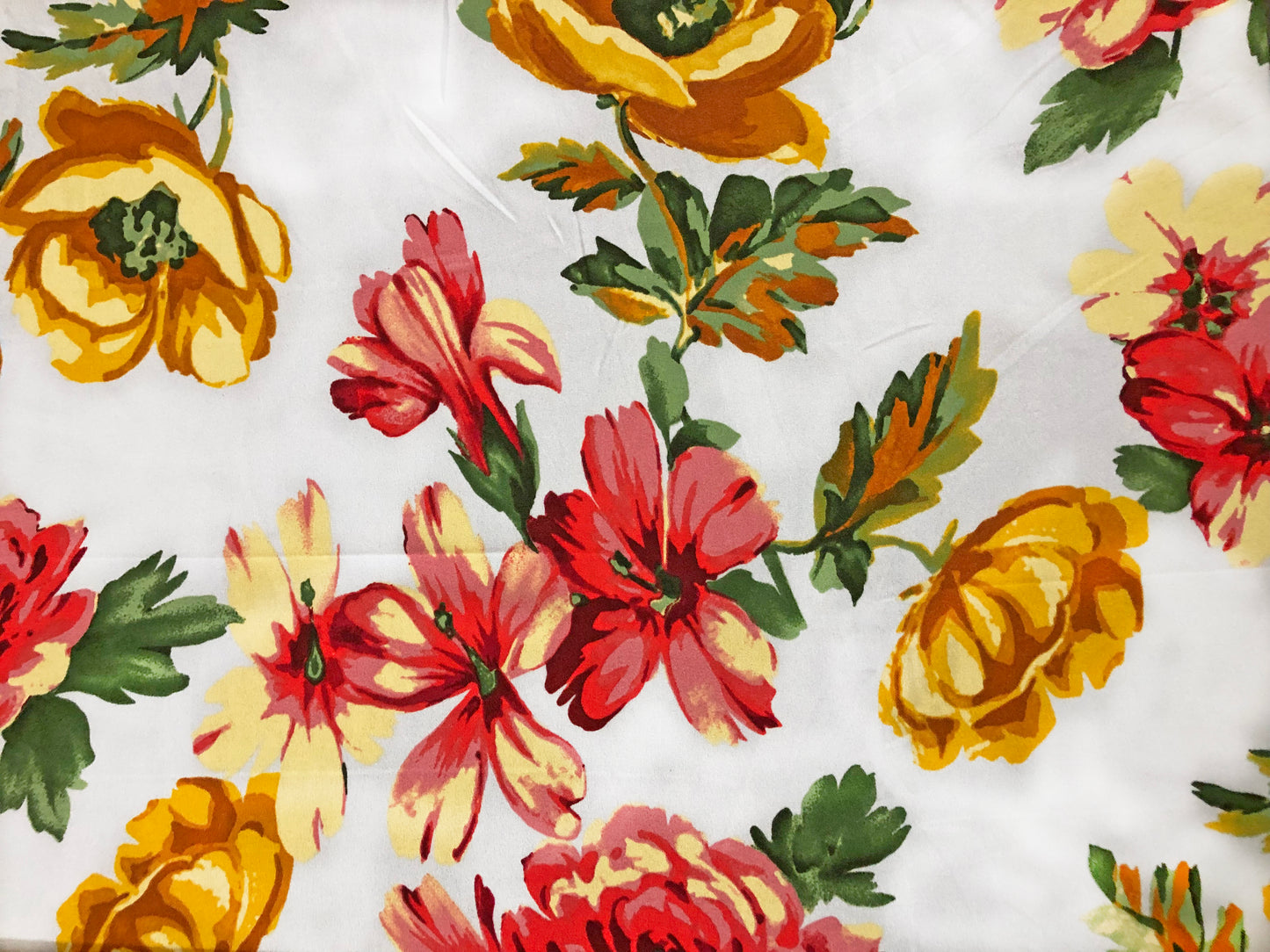 Techno Crepe Knit Fabric – White with Sunflower Yellow & Red Florals, Green Leaves – 4-Way Stretch, 56" Wide, 240 GSM – Sold by the Yard (TCRP045)