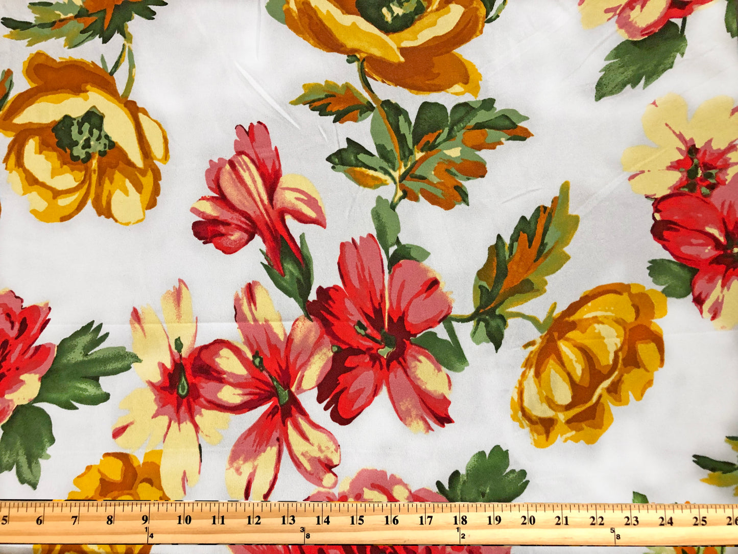 Techno Crepe Knit Fabric – White with Sunflower Yellow & Red Florals, Green Leaves – 4-Way Stretch, 56" Wide, 240 GSM – Sold by the Yard (TCRP045)