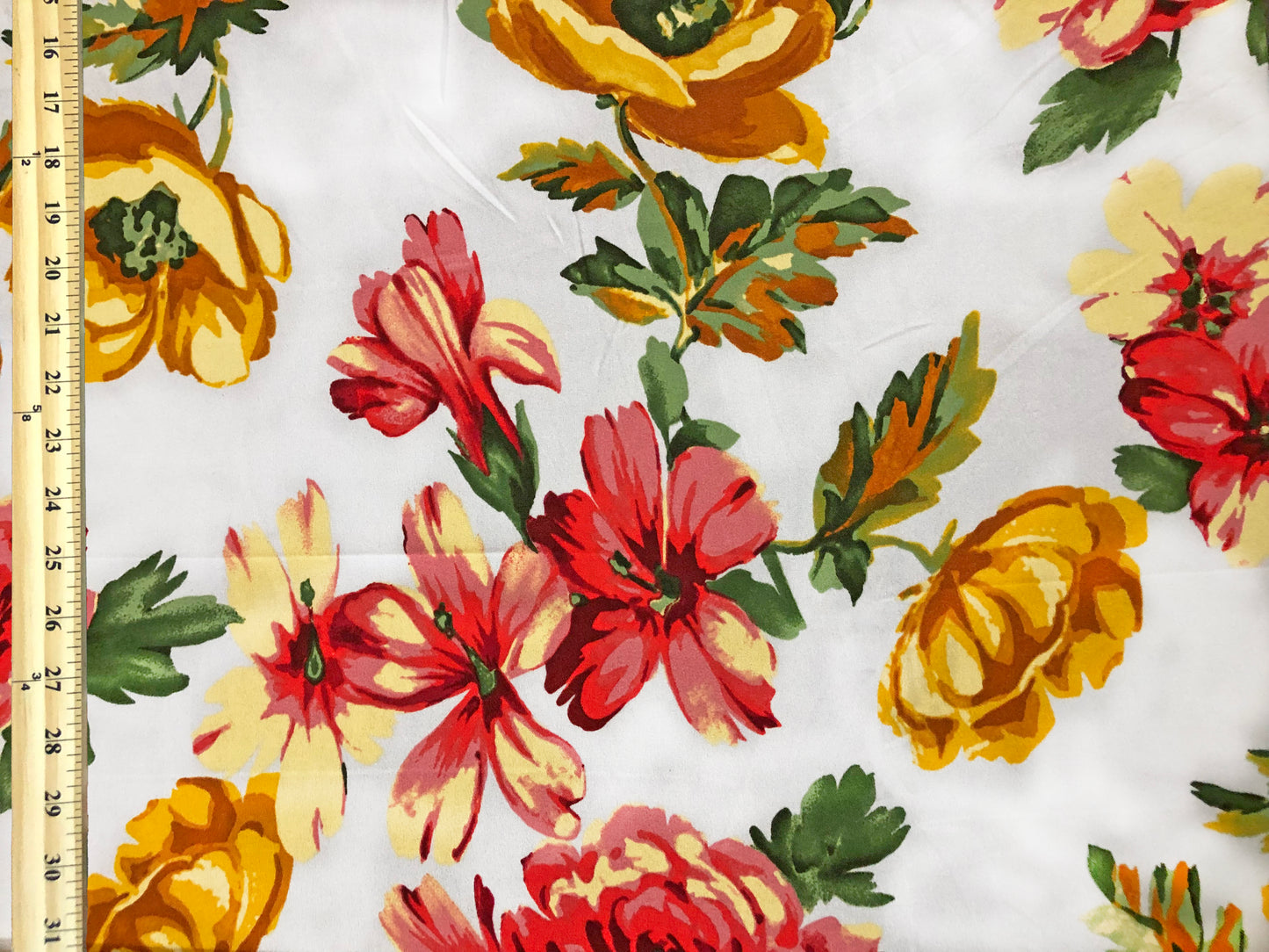 Techno Crepe Knit Fabric – White with Sunflower Yellow & Red Florals, Green Leaves – 4-Way Stretch, 56" Wide, 240 GSM – Sold by the Yard (TCRP045)