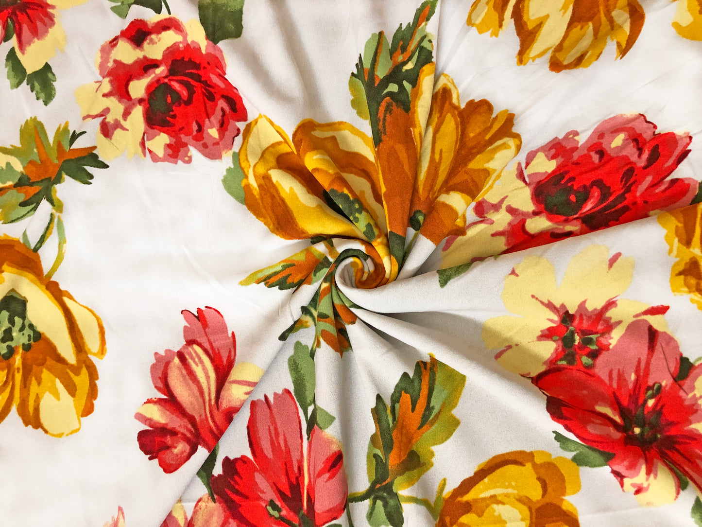 Techno Crepe Knit Fabric – White with Sunflower Yellow & Red Florals, Green Leaves – 4-Way Stretch, 56" Wide, 240 GSM – Sold by the Yard (TCRP045)