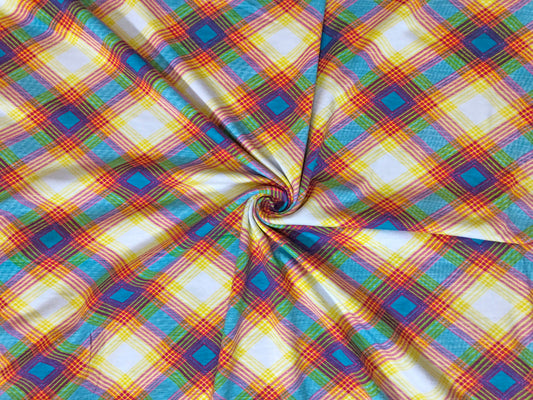 Rainbow Madras Plaid Cotton – White with Teal Diamonds | 100% Cotton, Non-Stretch, 52″ Wide – Sold by the Yard (CTJPR021)