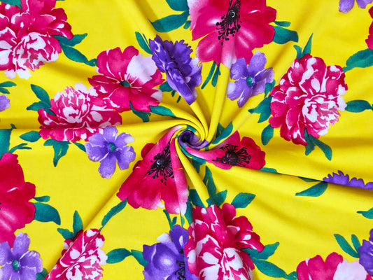 Techno Crepe Knit – Yellow Floral (Magenta/Purple/Green/White), 4-Way Stretch, 240 GSM, 56" Wide, Double Knit – Sold by the Yard (TCRP0115)