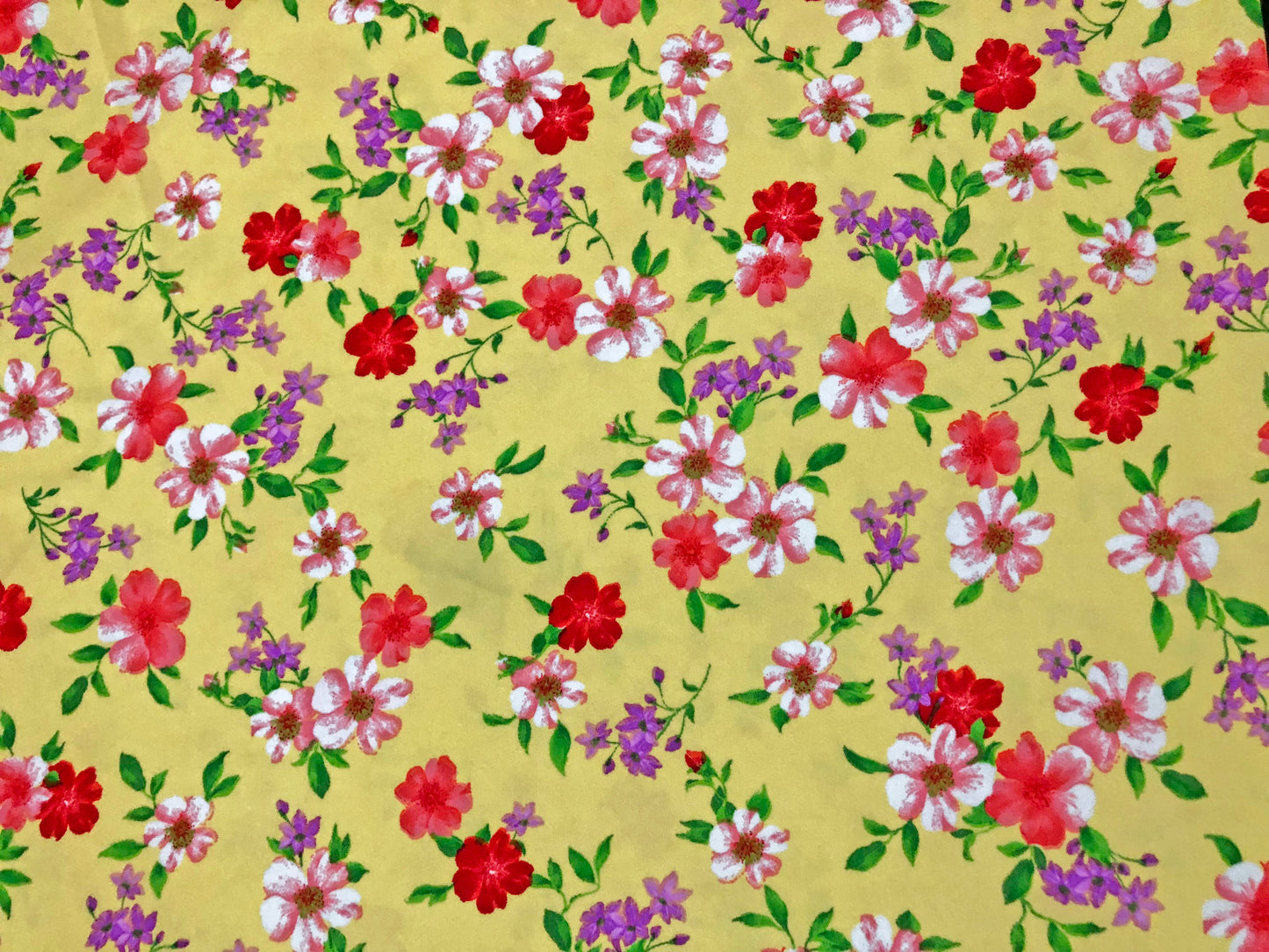 Techno Crepe Knit — Yellow Floral/Coral, White & Lilac Blooms, 4-Way Stretch, 240 GSM, 56" Wide, Wrinkle-Resistant - By the Yard (TCRP090)