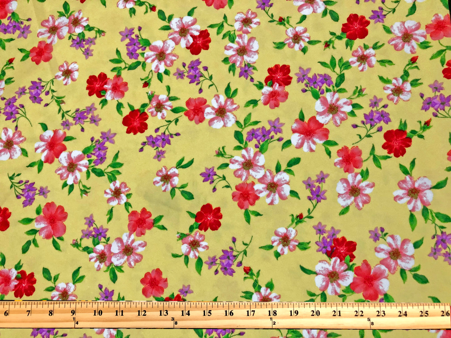 Techno Crepe Knit — Yellow Floral/Coral, White & Lilac Blooms, 4-Way Stretch, 240 GSM, 56" Wide, Wrinkle-Resistant - By the Yard (TCRP090)