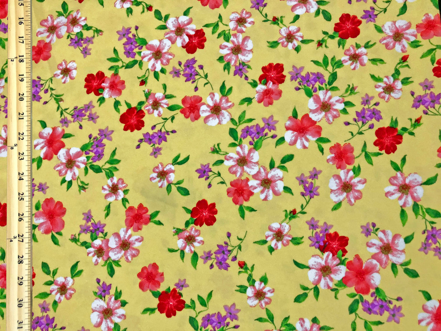 Techno Crepe Knit — Yellow Floral/Coral, White & Lilac Blooms, 4-Way Stretch, 240 GSM, 56" Wide, Wrinkle-Resistant - By the Yard (TCRP090)