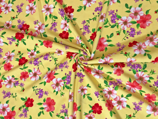 Techno Crepe Knit — Yellow Floral/Coral, White & Lilac Blooms, 4-Way Stretch, 240 GSM, 56" Wide, Wrinkle-Resistant - By the Yard (TCRP090)