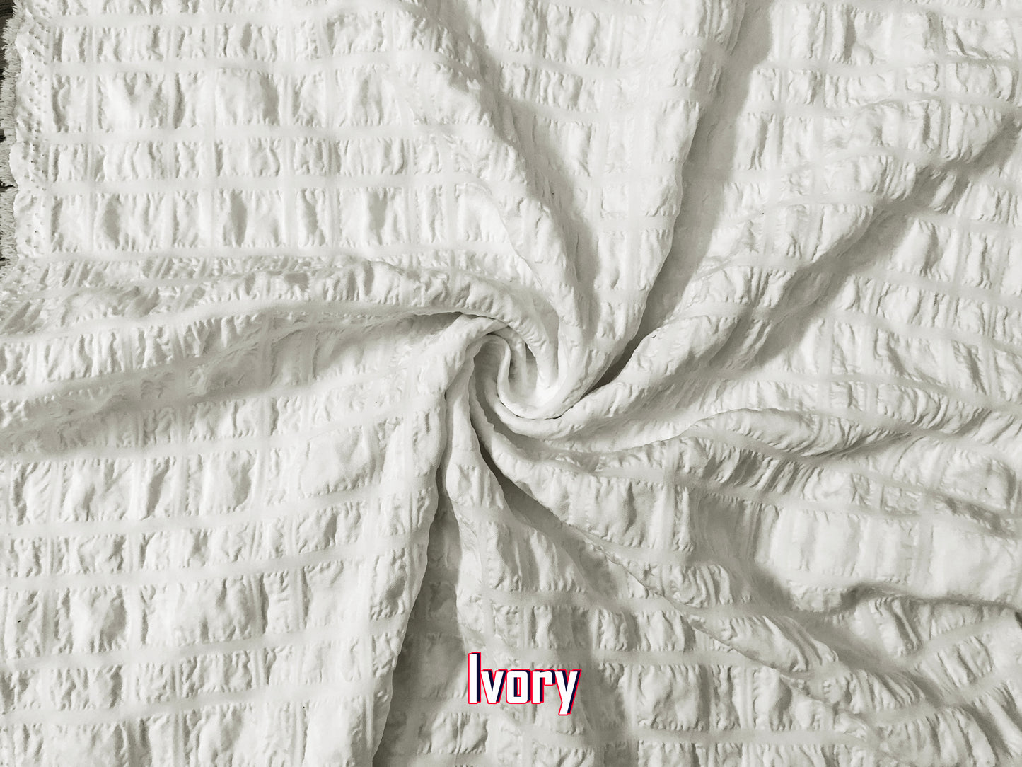 Ivory Windowpane Dobby Seersucker — Textured Grid, Airy & Wrinkle-Masking | 56″ Wide | 100% Polyester | By the Yard (CKSC01)