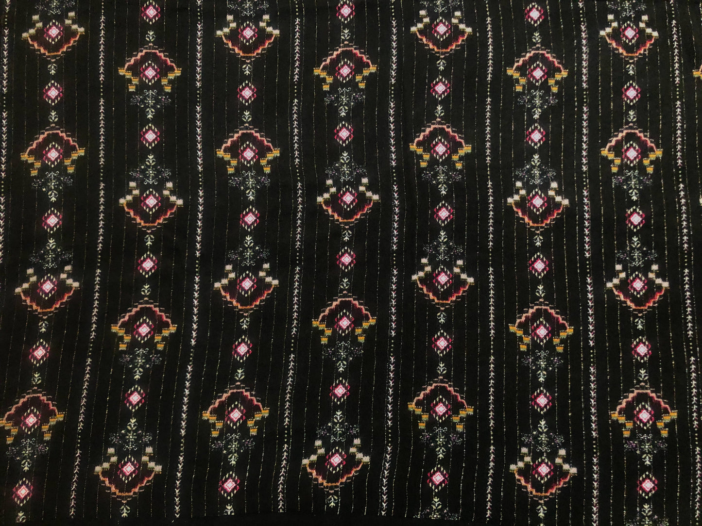 Rayon Challis Fabric — Black Geometric Stripe w/ Magenta & Mustard Accents — 56″ Wide, No Stretch— Sold by the Yard (RCHPR017)