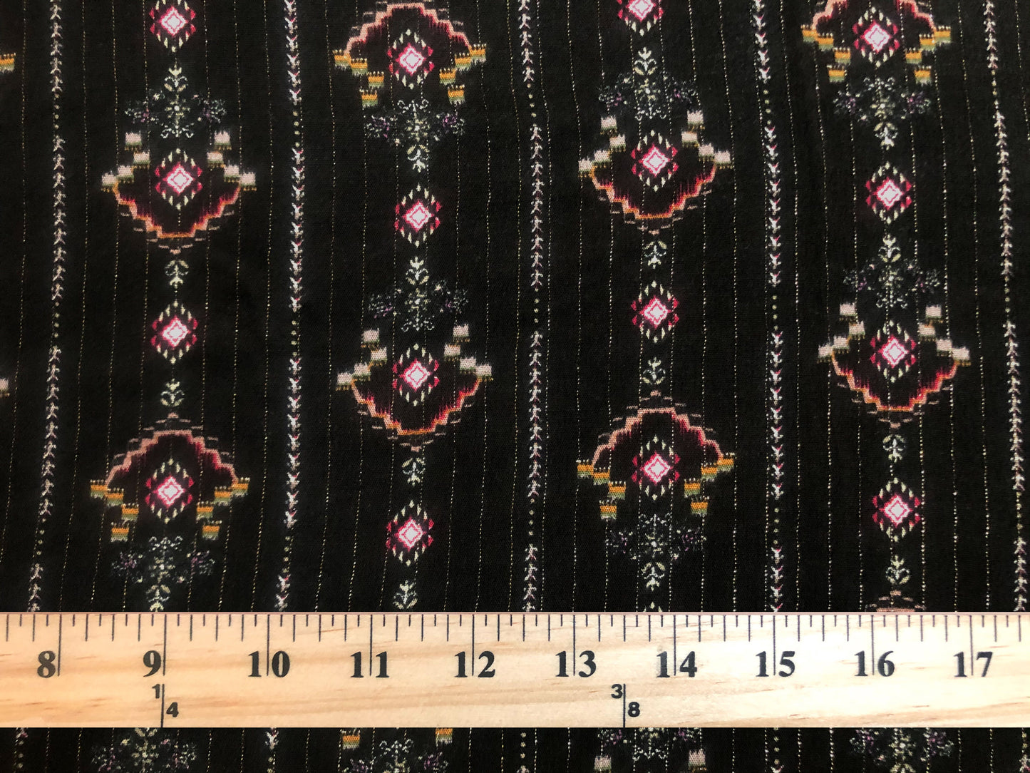 Rayon Challis Fabric — Black Geometric Stripe w/ Magenta & Mustard Accents — 56″ Wide, No Stretch— Sold by the Yard (RCHPR017)
