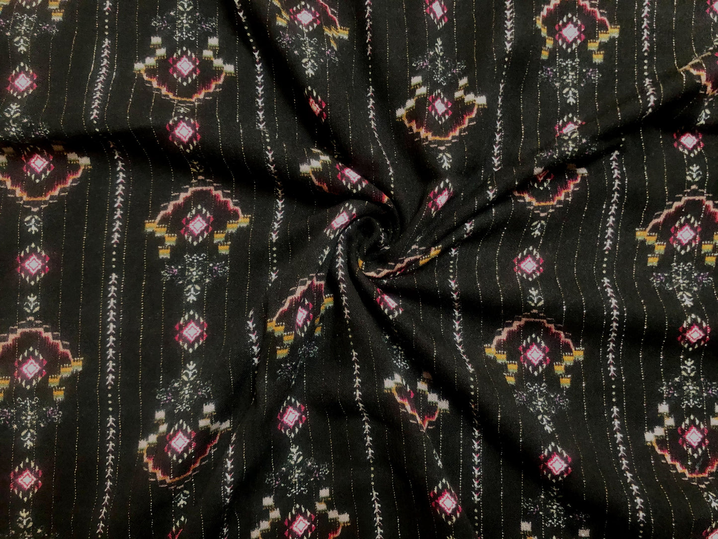 Rayon Challis Fabric — Black Geometric Stripe w/ Magenta & Mustard Accents — 56″ Wide, No Stretch— Sold by the Yard (RCHPR017)
