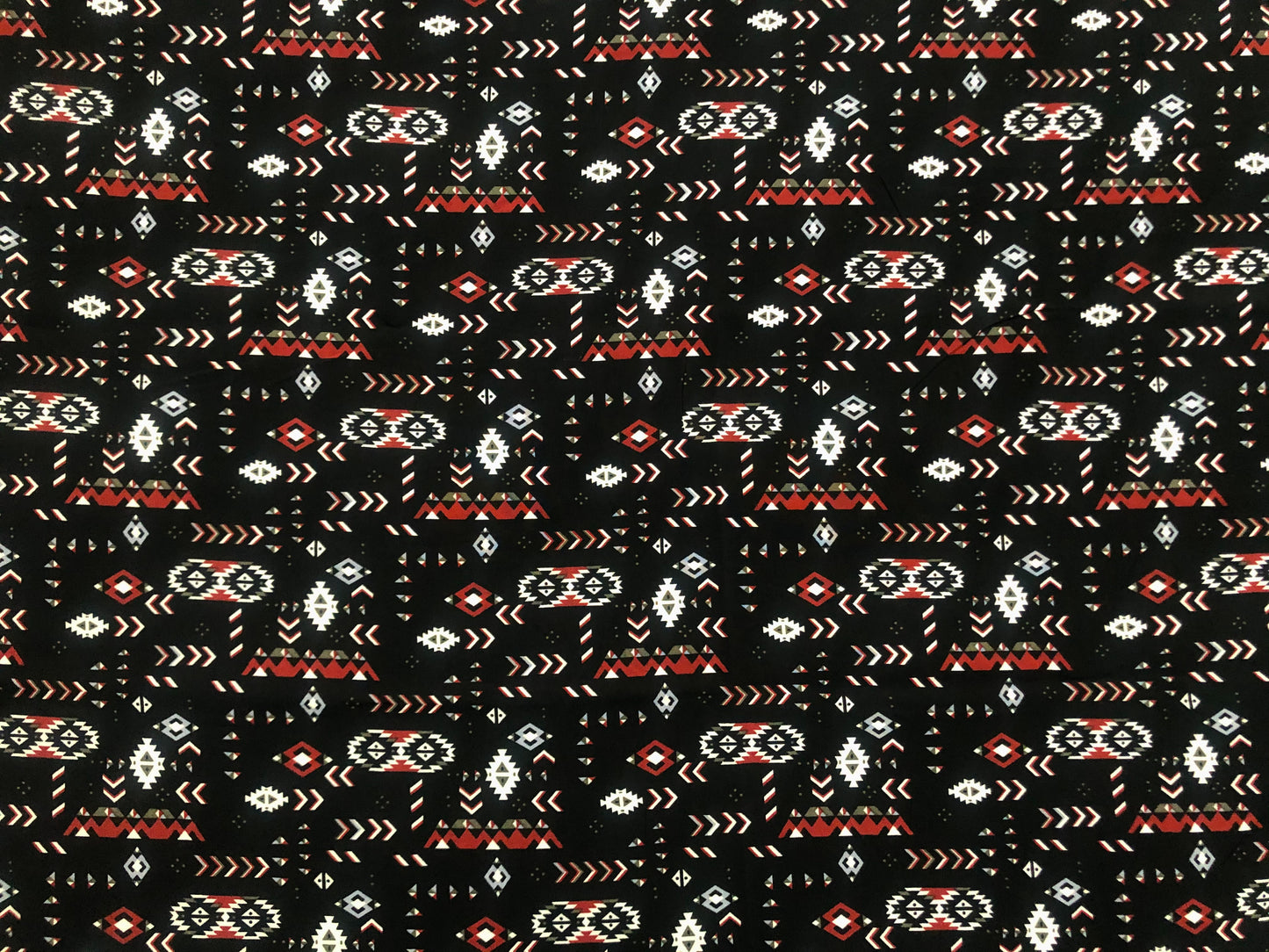 Boho Aztec Rayon Challis Fabric – Black/Red – 56" Wide, Soft Drapey Woven – Sold by the Yard (RCHPR018)