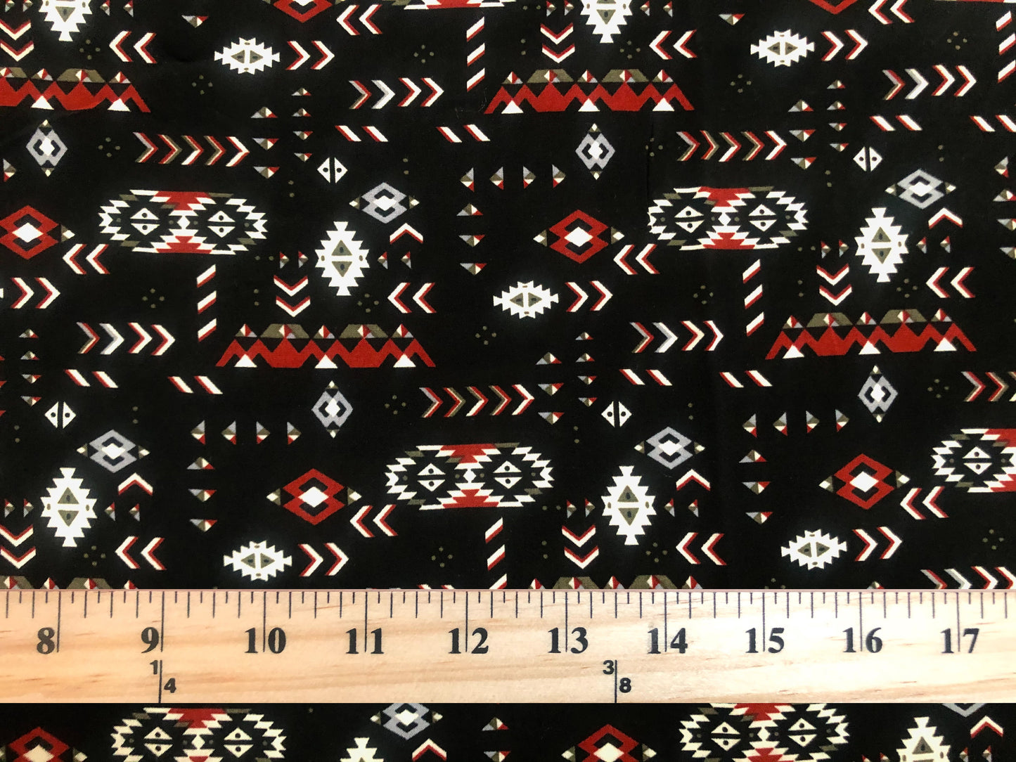 Boho Aztec Rayon Challis Fabric – Black/Red – 56" Wide, Soft Drapey Woven – Sold by the Yard (RCHPR018)