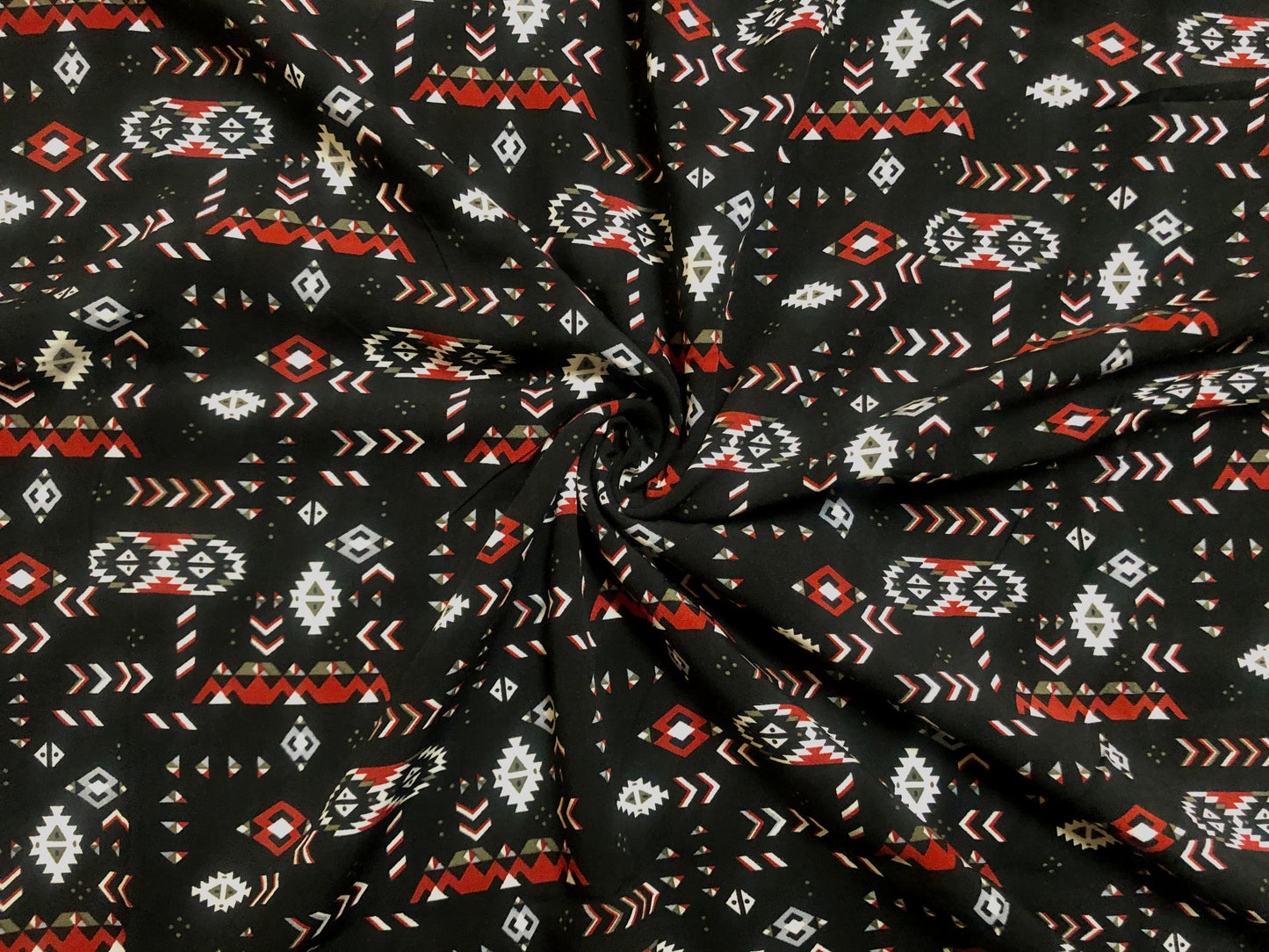 Boho Aztec Rayon Challis Fabric – Black/Red – 56" Wide, Soft Drapey Woven – Sold by the Yard (RCHPR018)