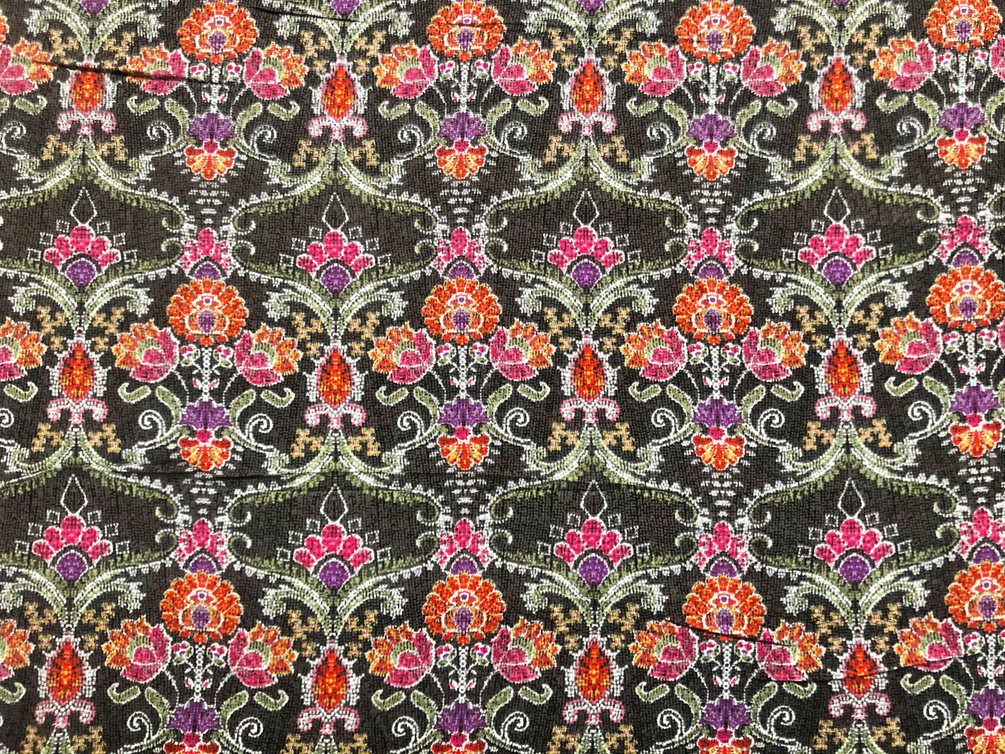 Rayon Challis Fabric — Olive Ornate Damask Floral (Pink/Orange/Purple/Green) — 56″ Wide, No Stretch — By the Yard (RCHPR022)