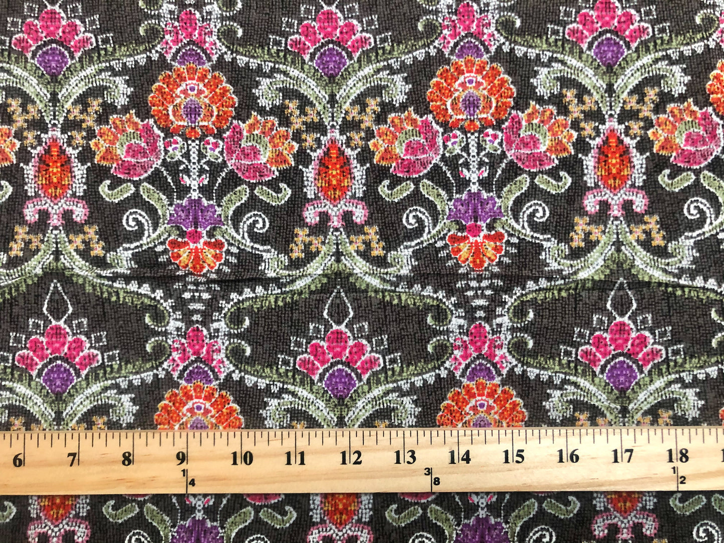 Rayon Challis Fabric — Olive Ornate Damask Floral (Pink/Orange/Purple/Green) — 56″ Wide, No Stretch — By the Yard (RCHPR022)