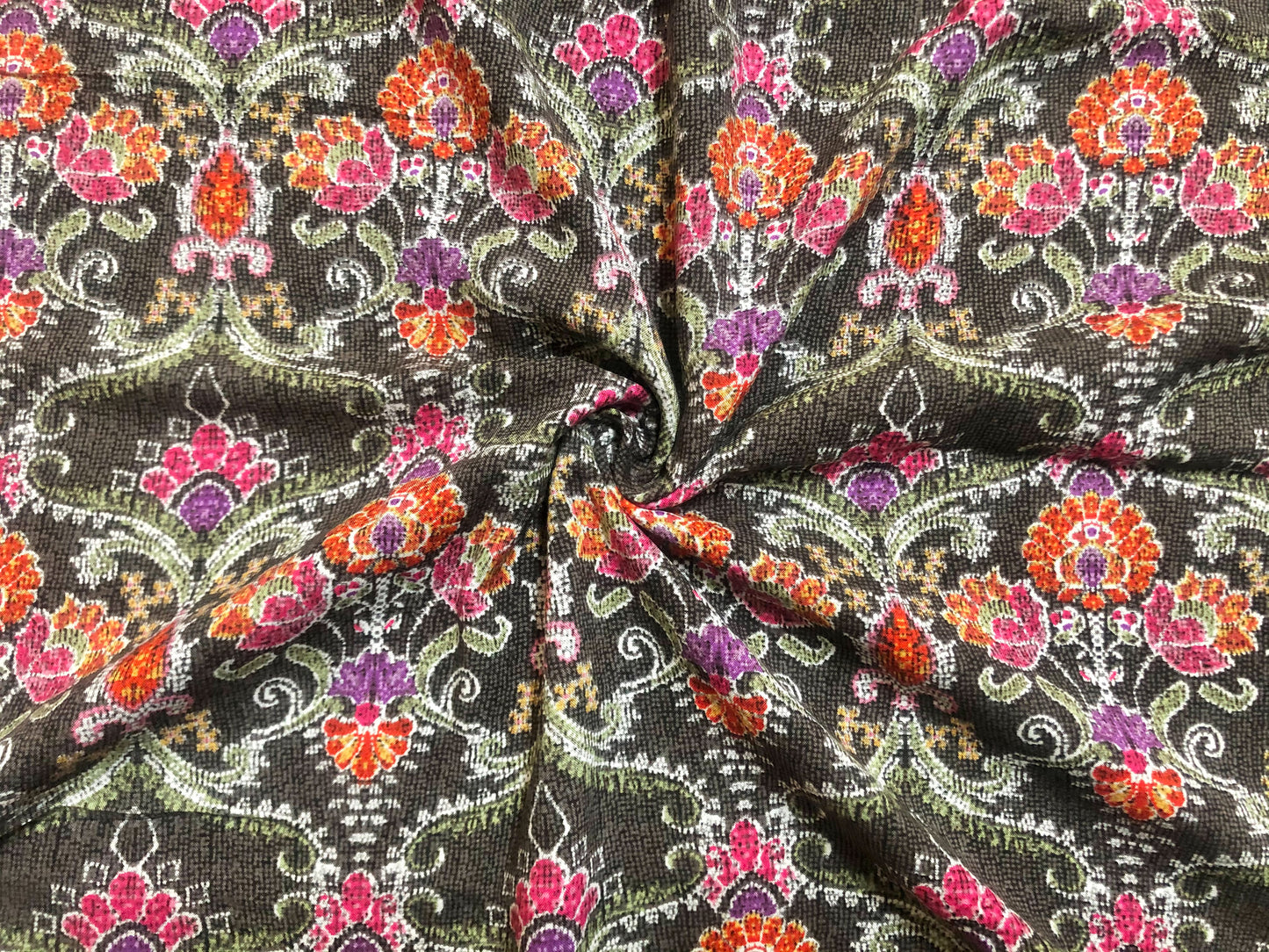 Rayon Challis Fabric — Olive Ornate Damask Floral (Pink/Orange/Purple/Green) — 56″ Wide, No Stretch — By the Yard (RCHPR022)