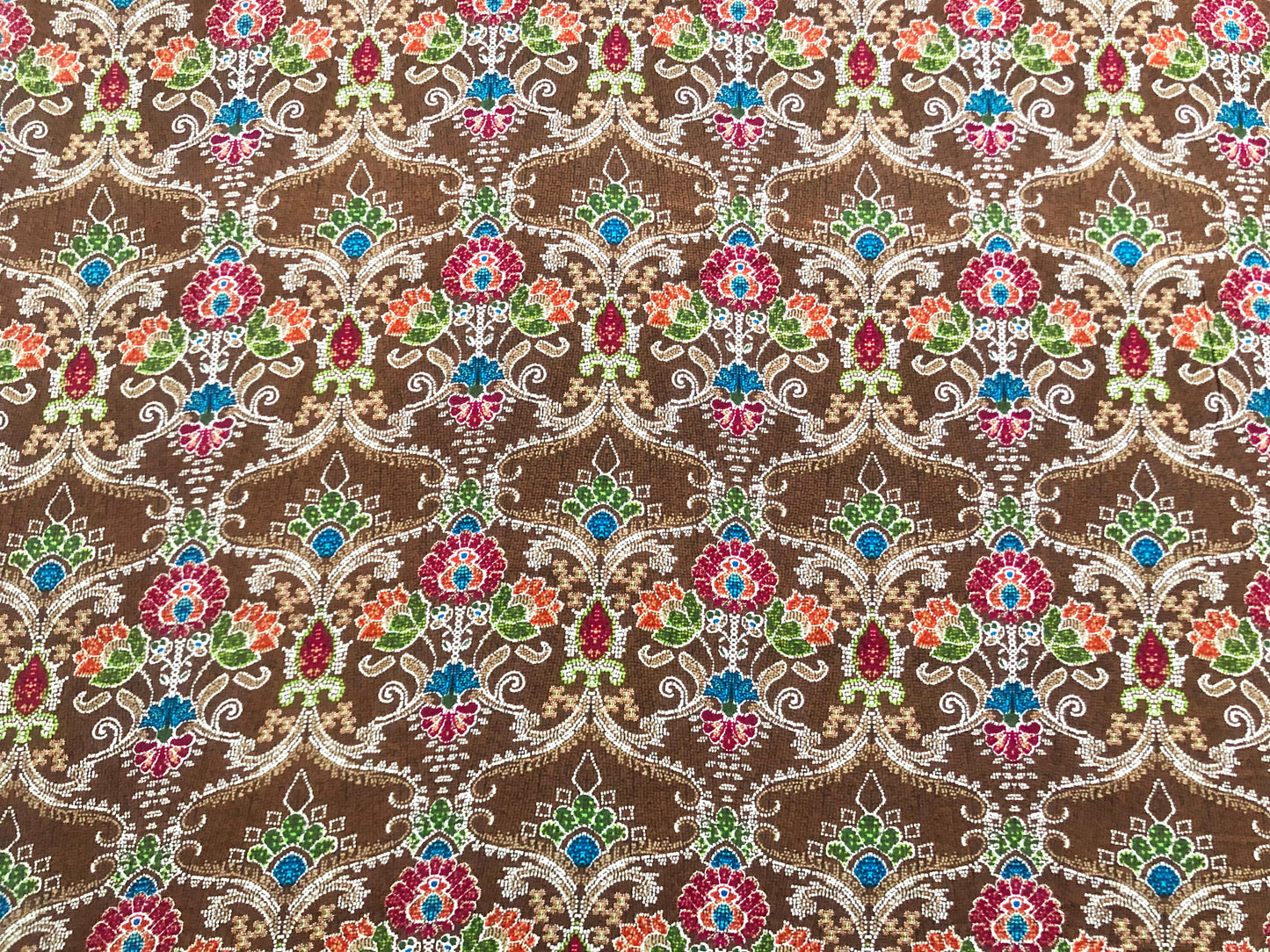 Rayon Challis Fabric — Brown Ornate Damask Floral (Teal/Blue, Green, Coral) — 56″ Wide, No Stretch — By the Yard (RCHPR023)