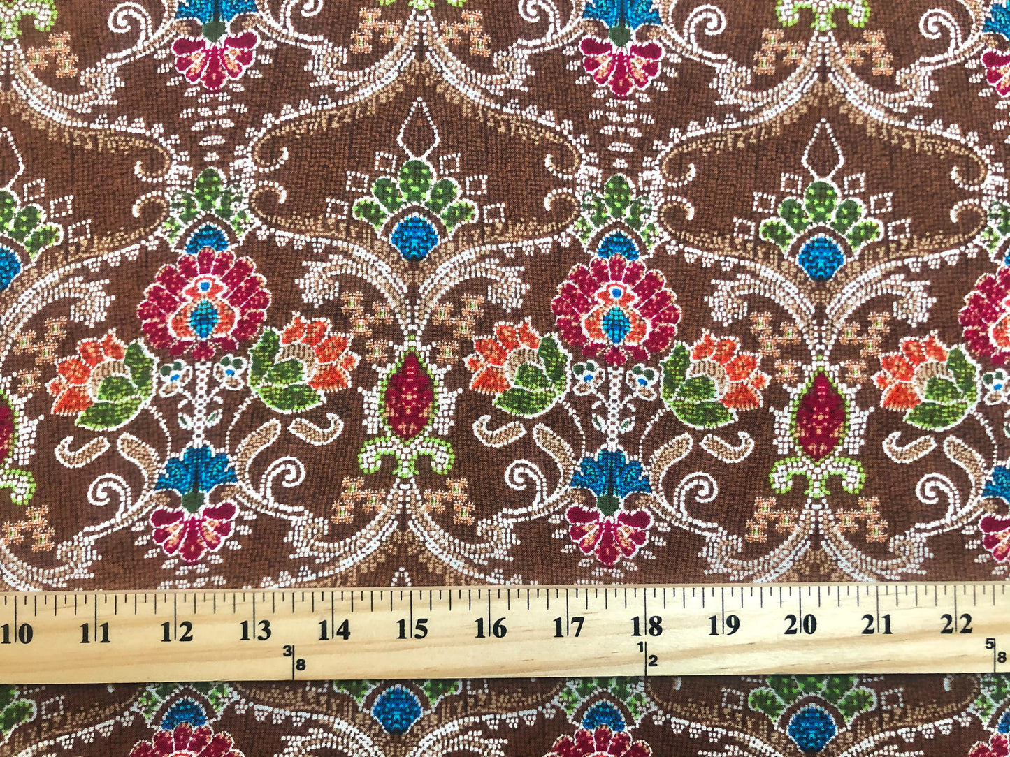 Rayon Challis Fabric — Brown Ornate Damask Floral (Teal/Blue, Green, Coral) — 56″ Wide, No Stretch — By the Yard (RCHPR023)
