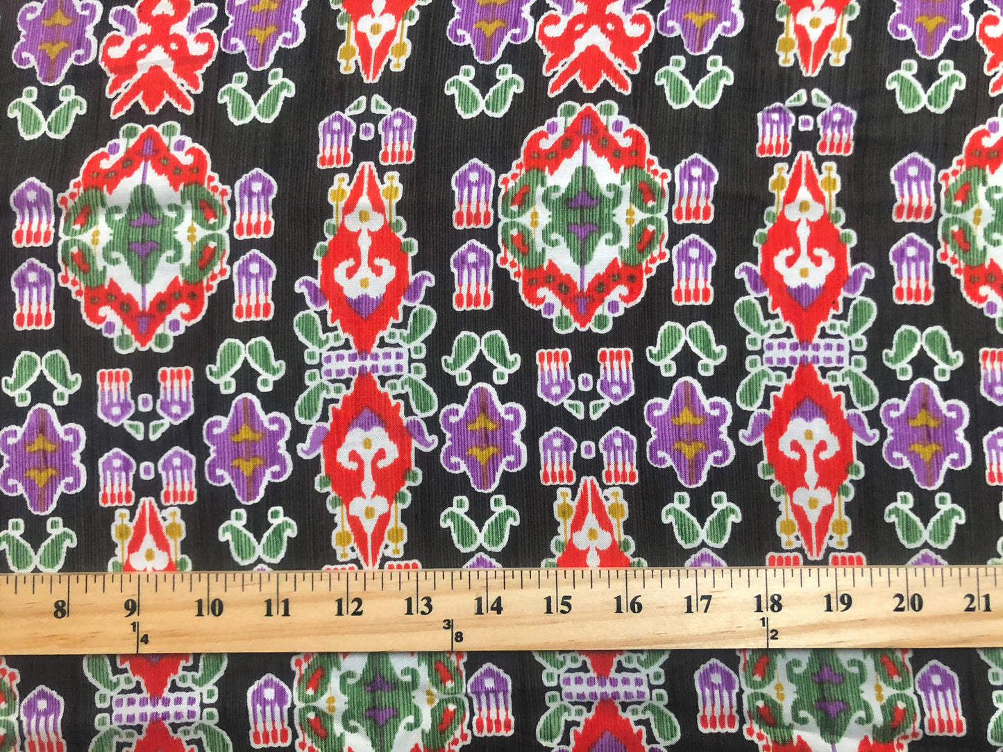 Rayon Challis Fabric — Olive Multicolor Medallion (Red/Green/Purple) — 56″ Wide, No Stretch — By the Yard (RCHPR020)