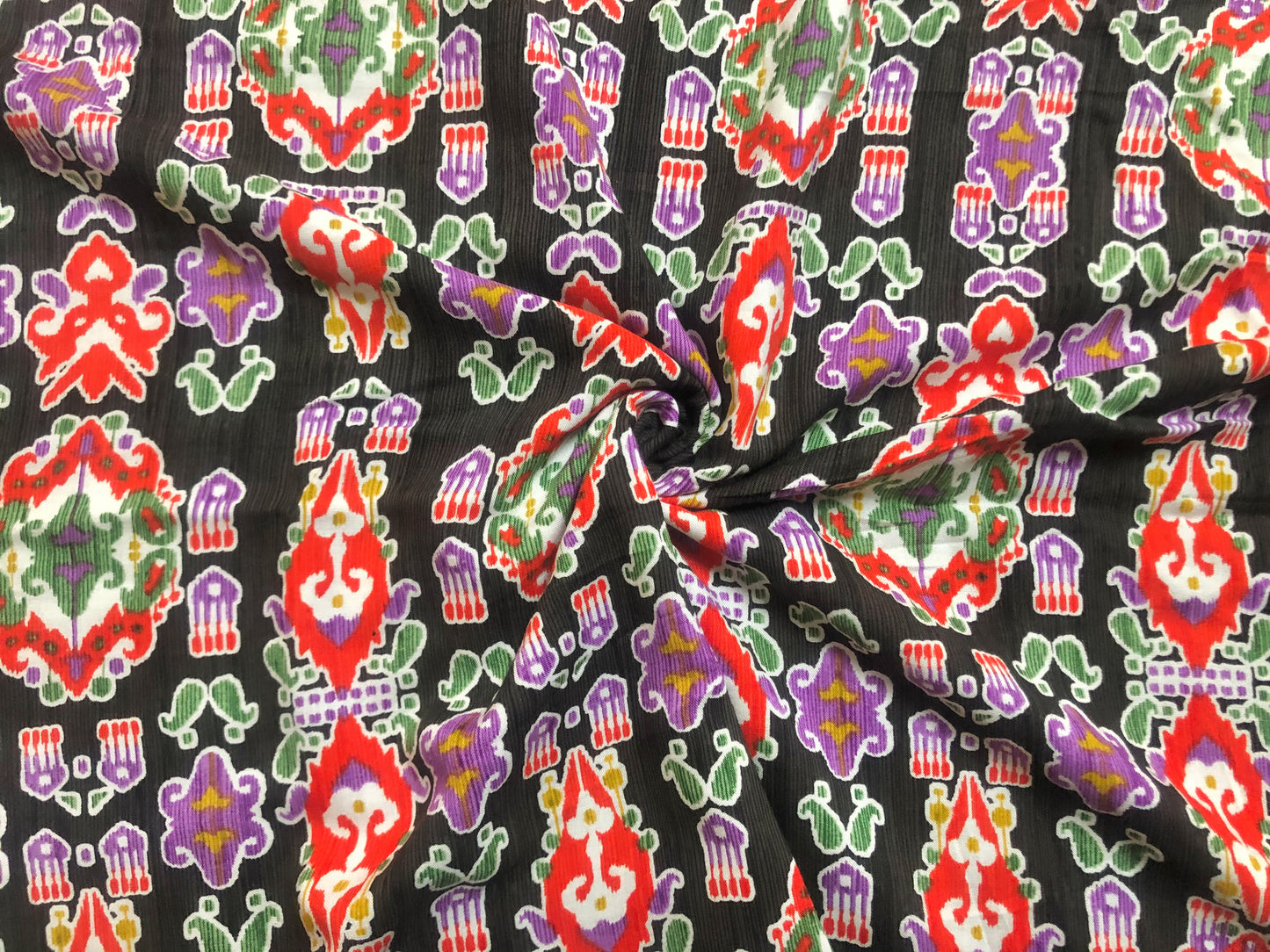 Rayon Challis Fabric — Olive Multicolor Medallion (Red/Green/Purple) — 56″ Wide, No Stretch — By the Yard (RCHPR020)
