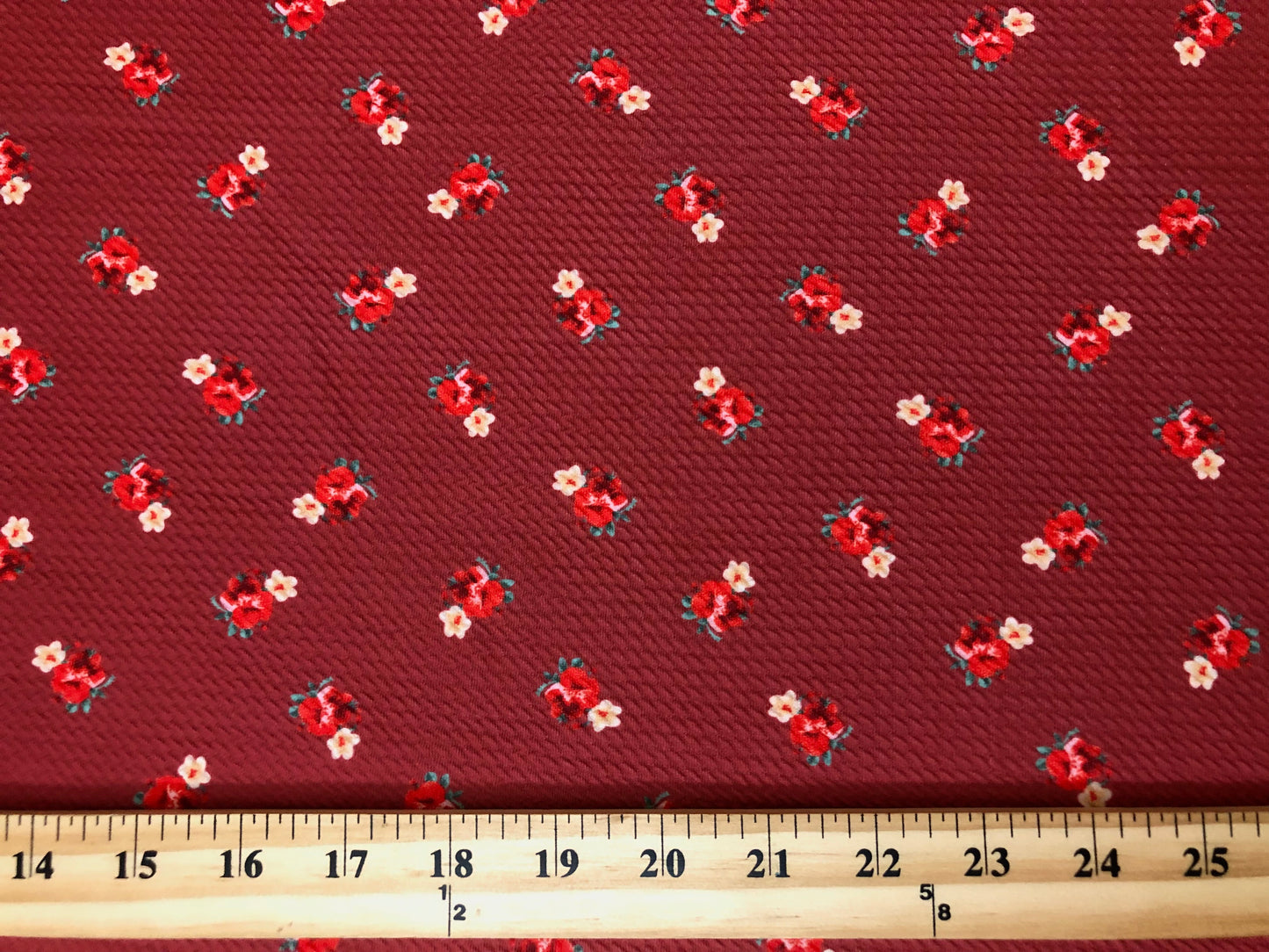 Bullet Knit Fabric – Mini Red Roses & Yellow Bud Ditsy Floral Stretch Print on Brick, 56″ Wide, Sold by the Yard (BDPR257)