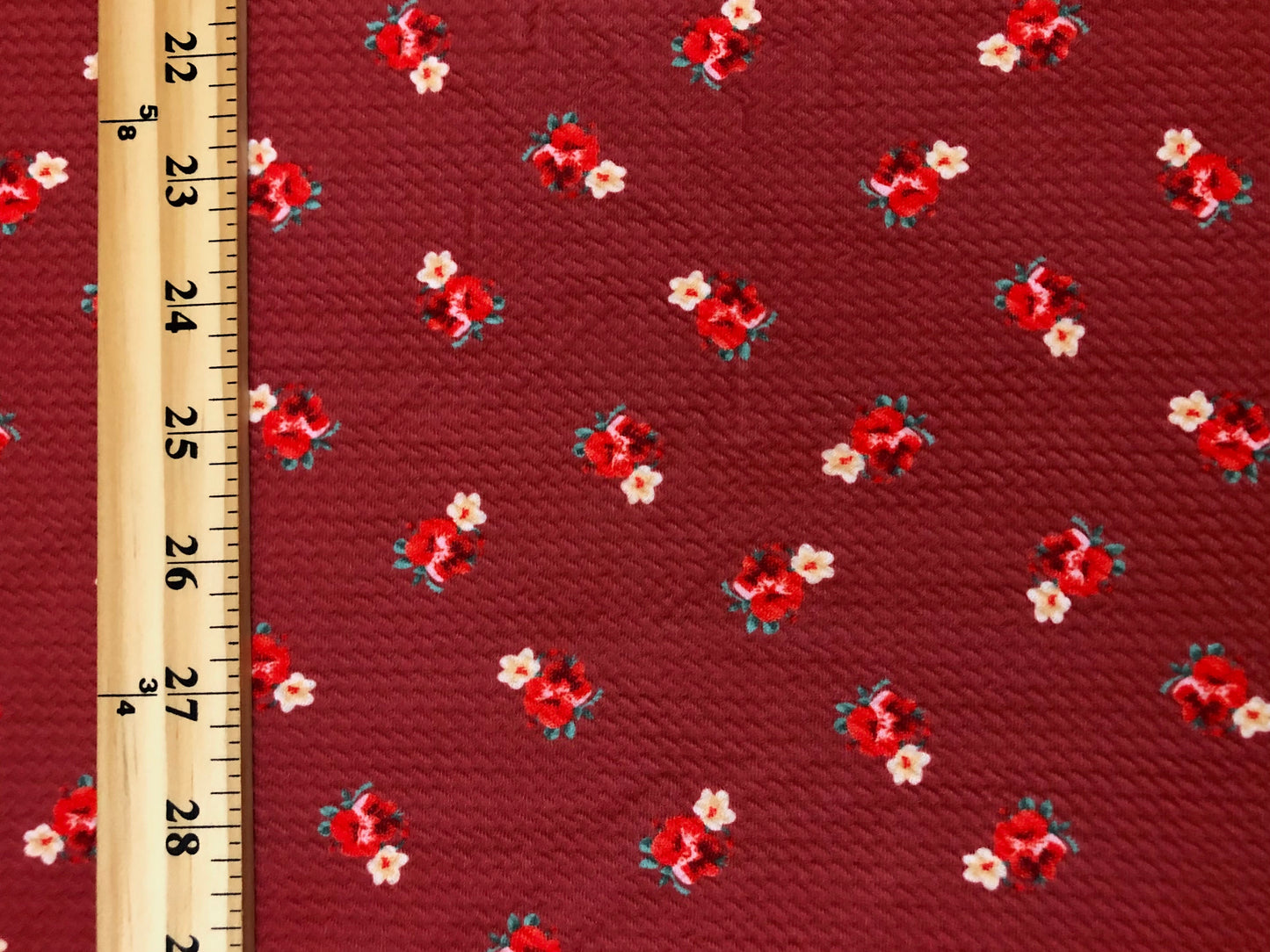 Bullet Knit Fabric – Mini Red Roses & Yellow Bud Ditsy Floral Stretch Print on Brick, 56″ Wide, Sold by the Yard (BDPR257)
