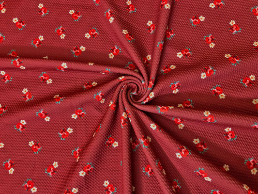 Bullet Knit Fabric – Mini Red Roses & Yellow Bud Ditsy Floral Stretch Print on Brick, 56″ Wide, Sold by the Yard (BDPR257)
